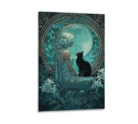 Moon Goddess Poster, Black Cat Print, Art Nouveau Wall Decor Print Photo Art Painting Canvas Poster Home Modern Decor Posters 08x12inch(20x30cm)
