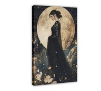 Moon Goddess Print Giclee Art Nouveau Poster Celestial Moonlight with Sparkling Gold Stars Gothic Wall Art Sacred Feminine Witchy Gift