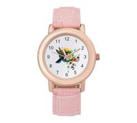 Moon Hummingbird Floral Women's Watch Pink Rose Gold Strap Wristwatch Minimalist Easy Reader Watchec
