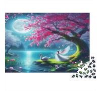 Moon Lake 1000 Pieces Puzzle Premium Cardboard Swans Under Cherry Moon Challenging Puzzle Enthusiasts Adults Mental Stimulation Cognitive Development Solo Leisure Play 38x26cm/1000pcs