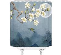 Moon Magnolia Shower Curtain Chinese Flower and Bird Painting 3D Shower Curtains Set Waterproof Mould Resistant Polyester Fabric Bath Curtains 90x180 cm (35x71 Inch) with Hooks for Bathroom Decor B18