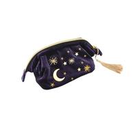 Moon Makeup Bag Embroidered Velvet Zip Pouch for Women | Navy Colour, Compact Lightweight Carry Size, Zipper Sealing Design, for Holiday Trips and Outdoor Use