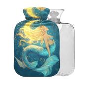 Moon Mermaid Blue Pattern Hot Water Bottle with Cover 2L Large Warm Water Bag for Pain Relief Back Pain Hot Cold Therapy
