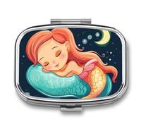 Moon Mermaid Cartoon Pill Case Box with 2 Compartment Medicine Vitamin Organizer for Purse Pocket 5.5x4cm