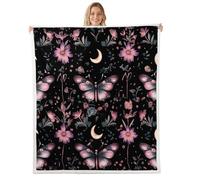 Moon Moth Throw Blanket Boho Butterfly Starry Fleece Flannel Blankets Kids Boys Girls Room Decor Exotic Flower Weed Botanical Bed Blankets for Bed Sofa Couch Black Pink Plush Blanket Queen 90"x90"