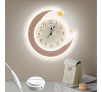 Moon Neon Wall Clock with Dimmable Light USB Operated Silent Non-Ticking LED Brown Wall Clock for Bedroom Living Room Kitchen Office Home Decor Cute Clock Gifts for Kids