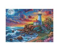 Moon Night Coast Scenery 300 Piece Jigsaw Puzzle for All Ages Moon Shore Lighthouse Idea Quality Time Cardboard Home Decor Accent 300 PCS