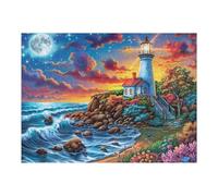 Moon Night Coast Scenery 500 Piece Jigsaw Puzzle for All Ages Moon Shore Lighthouse Jigsaw Evening Relaxation Routine Vibrant Puzzle Stress Relief Home Decor 500 PCS
