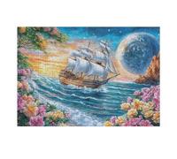 Moon Night Sea Sailboat 300 Piece Premium Jigsaw Puzzle For Men Educational Decompression Adults Anxiety Memory Care Mothers Valentines Wooden 300 PCS