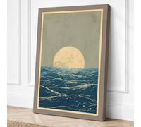 Moon Over Choppy Sea Japandi Canvas Wall Art Print 24x16 Inch