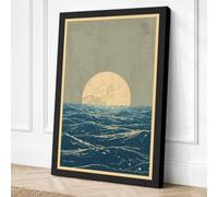 Moon Over Choppy Sea Japandi Canvas Wall Art Print 30x20 Inch
