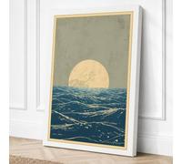 Moon Over Choppy Sea Japandi Canvas Wall Art Print 36x24 Inch