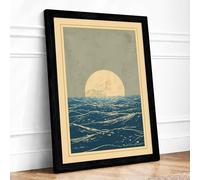 Moon Over Choppy Sea Japandi Framed Wall Art Print A3 (42×29.7cm) Black, Wall Decor for Living Room, Bedroom, Office & Home, Ready to Hang, Art Gift