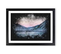 Moon Over Iceland Paint Splash Modern Art Framed Wall Art Print, Ready to Hang Picture for Living Room Bedroom Home Office Décor, Black A4 (34 x 25 cm)