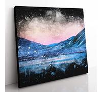 Moon Over Iceland Paint Splash Modern Canvas Wall Art Print Ready to Hang, Framed Picture for Living Room Bedroom Home Office Décor, 35x35 cm (14x14 Inch)
