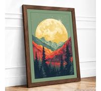 Moon Over Mountains Retro Framed Wall Art Print A2 (59.4×42cm) Walnut, Wall Decor for Living Room, Bedroom, Office & Home, Ready to Hang, Art Gift