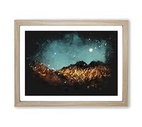 Moon Over South Tyrol In Italy Paint Splash Modern Art Framed Print | A4 Oak Framed Wall Art | Ready to Hang | Modern Space Picture | Living Room Bedroom Lounge Office