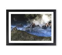 Moon Over The Mountain Tops Painting Framed Print | A2 Black Framed Wall Art | Ready to Hang | Modern Space Picture | Living Room Bedroom Lounge Office