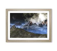 Moon Over The Mountain Tops Painting Framed Print | A2 Oak Framed Wall Art | Ready to Hang | Modern Space Picture | Living Room Bedroom Lounge Office