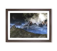 Moon Over The Mountain Tops Painting Framed Print | A2 Walnut Framed Wall Art | Ready to Hang | Modern Space Picture | Living Room Bedroom Lounge Office