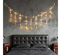 Moon Phase Garland, Wall Decoration Bedroom with Light Strip and Hooks, Boho Wall Decoration, Fairy Lights Bedroom, Fairy Lights Boho for Home Decoration, Bedroom, Living Room, Cafe, Sofa (126 cm)