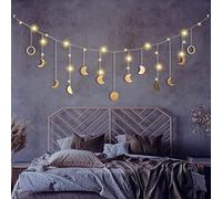 Moon Phase Garland with LED String Light, 13 Gold Wood Boho Wall Hanging Decor Mood Garland 56'', Celestial Phases Moon Decor in Bohemian Style for Bedroom Home Living Room Birthday
