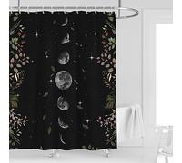 Moon Phase Shower Curtain 60''W x 72''L Black Celestial Gothic Goth Witch Witchy Dark Moonlit Lunar Eclipse Crescent Bathroom Curtains Leaves Plants Background Polyester Fabric 12 Pack Plastic Hooks