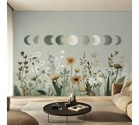 Moon Phase Wallpaper Sage Green, Celestial Wildflower Wall Paper for Bedrooms, Home Decor Photo Wallpaper for Living Room 200x140 Non-Woven Wall Mural W38