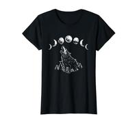 Moon Phase Wolf Howling Forest Celestial Wildlife Art Value Graphic T-Shirt, Women, Black, M