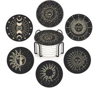 Moon Phases Coasters Set of 6,Absorbent Ceramic Coasters with Cork Base,Round Coaster Mats for Cold Drinks & Mugs, Rustic Home Decor + Holder
