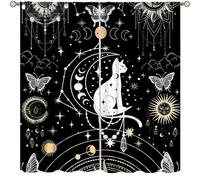 Moon Phases Curtains,Mysterious Black Cat Moth Galaxy Sun Star Gothic Aesthetic Decor Drape for Bedroom Living Room Kitchen Window Treatment 2 Panels Set Total Size 55" W X 63" L Inch