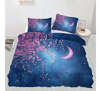 Moon Phases Duvet Cover Set 3 PCS Starry Sky Quilt Cover Bedding Set Pink Cherry Blossoms Bed Covers with Pillowcases with Zipper Closure Ultra Soft Microfiber with 2 Pillow Shams,King Size