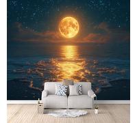 Moon Photo Wallpaper - Full Moon and Starry Sky On The Beach Wall Mural 150 × 105 cm / 59" × 41.3" - Non-Woven Premium 3D Art Print Wall Mural Decoration Poster Picture Design Modern
