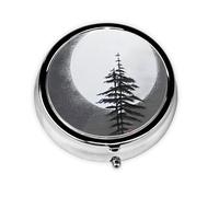 Moon Pine Tree Round Mini Pill Box: 3-Compartment Portable Metal Pill Organizer with Snap Closure, Ideal for Daily Travel Use