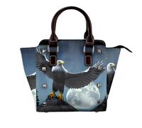 Moon Pine Tree Women Top Handle Shoulder Bag Personality Rivet Satchel Tote Middle Size Handbag Purse Bag, Eagle Under the Stars, One Size