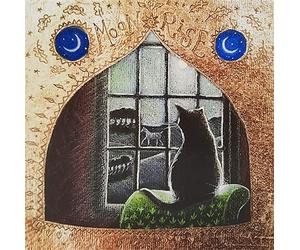 Moon Rise by Hannah Willow - UK made Art Greetings Card - Black Cat sat by the Window - Animals - Birthday Card