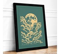 Moon Rising Over Clouds Japandi Framed Wall Art Print A3 (42×29.7cm) Black, Wall Decor for Living Room, Bedroom, Office & Home, Ready to Hang, Art Gift