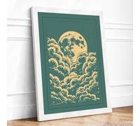 Moon Rising Over Clouds Japandi Framed Wall Art Print A3 White | Ready to Hang, Premium Gi Paper, Fade-Resistant Inks, Securely Packaged, UK Made