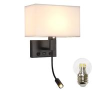 Moon rural Black Wall Sconces, Hardwired Wall Lamp with USB Port and Reading Lamp, Fabric Shade Bedside Wall Lights with Reading Lamp for Bedroom Living Room Hotels Corridors (Black)