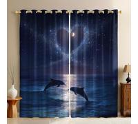 Moon Scene Modern Bedroom Curtains W 46" x L 90" Starry sky ocean dolphin Blackout Drapes 3D Print Thermal Insulated Noise Reducing Eyelet Panels Room Darkening Set of 2