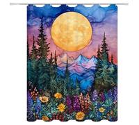 Moon Shower Curtain W100xH180cm Drop, Weighted Hem Waterproof Bath Shower Bathroom Curtains Window Set, Quick-Drying Polyester Bathroom Tub Decorative with Hooks 5-786