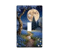 Moon Single Light Switch Cover Plate, Nature Scenic Tree Flowers Fall Blue Plastic Standard Size Wall Switch Plates Accents for New Apartment Home Bedroom Office Decor (Single)