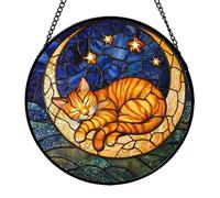 Moon Sleeping Cat Sun Catchers for Windows, Acrylic Hanging Cat Suncatcher with Metal Chain for Valentines, Birthdays, Starry Sky Window Decorations for Door, Garden, Living Room