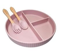 Moon Snow Fluted Divided Suction Plate Baby + Wooden Spoon & Fork. Baby Weaning Set, Toddler Plate with Suction. 100% Food Grade Silicone, BPA & PVC Free, Dishwasher/Microwave Safe. Blossom