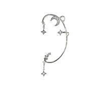 Moon Star Ear Cuff Earrings for Women Non-piercing Adjustable Silver Shining Zircon Aesthetic Cute Edgy Dangle Drop Ear Clip on Cuff Wrap Climber Crawler Earrings for, Metal