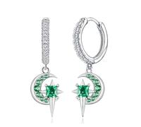 Moon Star Hoop Earrings for Women Sterling Silver Green Cubic Zirconia Crescent Dangle Hypoallergenic Dangle Earrings Dainty Jewelry Gifts for Birthday Wedding Sterling Silver