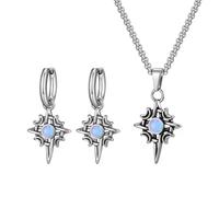 Moon & Star Jewellery Set - Unisex Gothic Witchcraft Blue Opalite Necklace & Earrings - Stainless Steel Occult Talisman - Spiritual Moon Wiccan Gift in Box