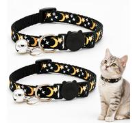 Moon Star Print Adjustable Kitten Collar 2 Pack, Reflective Breakaway Cat Collar with Small Bell, Comfortable Everyday Wear Collar for Pet Cats