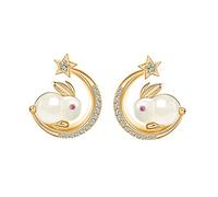 Moon Star Rabbit Earrings for Women Hypoallergenic Crystal Crescent Artificial Jade Animal Bunny Stud Cartilage Earring Cute Easter Birthday Jewelry for Pet-Lover