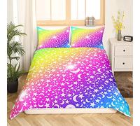 Moon Star Rainbow Glitter Duvet Cover Ombre Green Yellow Purple Bedding Set Pastel Comforter Cover for Boys Girls Children Teens Bedroom Decor Stylish Bedspread Cover Super King Bedding 3Pcs